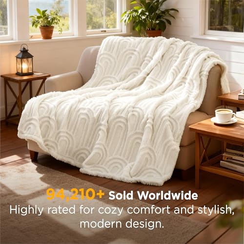 Bedsure GentleSoft Boho Throw Blanket for Couch - Cozy Modern Boho Decorative Blankets for Women Girls, Fuzzy Fleece Throw for Beds, Aesthetic Accent Gifts for Sofa Room Decor, Off White, 50x60 Inches - color: Off White, size: Throw (50" x 60")