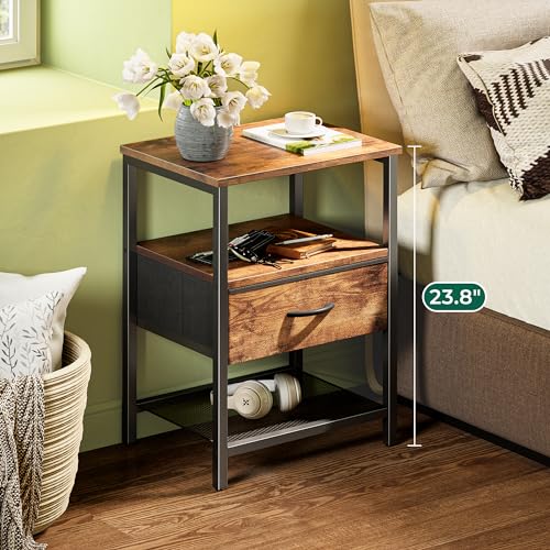 Huuger Night Stand with Fabric Drawer, Side Table with Mesh Shelf, Bedroom Nightstand, Fabric Drawer Dresser, Open Shelf, Metal Frame, Couch Side, Rustic Brown | Bedroom Nightstand, Fabric Drawer Dresser, Open Shelf, Metal Frame, Couch Side, Rustic Brown