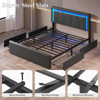 Full Size Bed Frame with 4 Storage Drawers, Upholstered Headboard, Black | Modern Bed, Charging Station, LED Light, Adjustable Height Headboard, Noise-Free, No Box Spring Needed, Easy Assembly - color: Black, size: Full