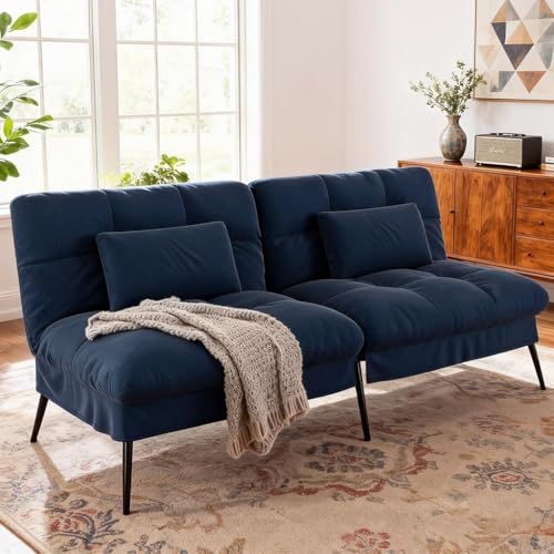 COMHOMA 72″ Convertible Futon Sofa Bed, Adjustable Backrest, Blue | Breathable Fabric Futon Couch with Pillows,Multi-angle Ergonomic Reclining,Space-saving Sleeper Sofa for Living Room - color: Blue