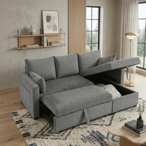 Sleeper Sofa Bed with Adjustable Backrest & Side Pockets, Gray | Adjustable Backrest & Side Pockets,Pull Out Sofa,Comfortable Fabric - color: C-gray-nr