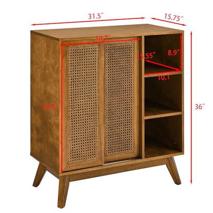 Mid Century Modern Small Rattan Sideboard Buffet Storage Cabinet | Real Wood Veneer Mid Century Storage Cabinet with Rattan Sliding Doors,Boho Bar Cabinet,Small Sideboard Buffet,Light Walnut - color: Light Walnut