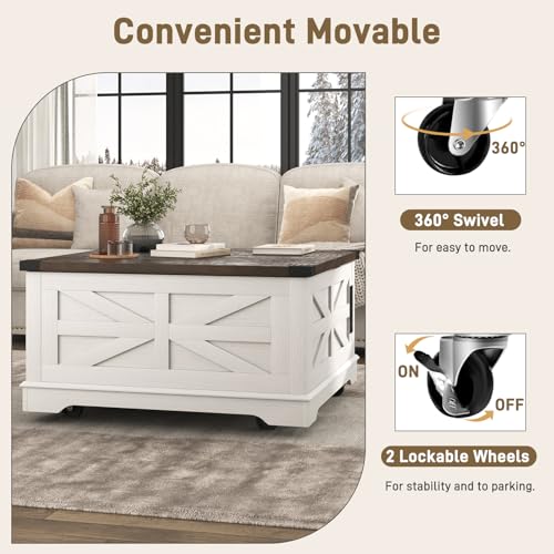 Hlivelood 36" Farmhouse Movable Lift Top Coffee Table with Storage and Power Outlets, Square Wood Living Room Tables with Wheels&Large Hidden Space, Lift Wooden Barn Door Center Table, White - color: White