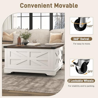 Hlivelood 36" Farmhouse Movable Lift Top Coffee Table with Storage and Power Outlets, Square Wood Living Room Tables with Wheels&Large Hidden Space, Lift Wooden Barn Door Center Table, White - color: White