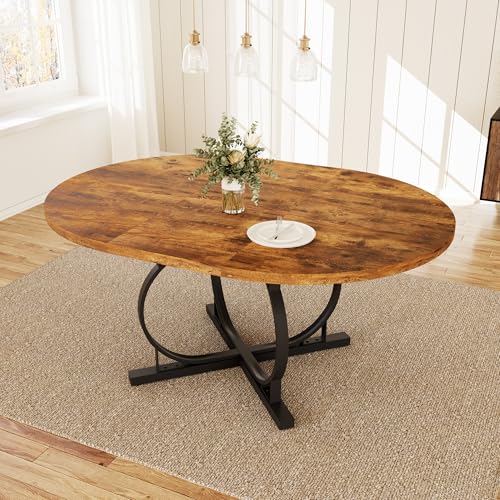 HIPIHOM Extendable Round Oval Dining Table Vintage Brown Seats 4-6 People | 43.3"-59" MDF Table with Hidden Sliding Rails, Space-Saving X-Shaped Metal Frame Perfect for Dining, Apartment, Small Spaces - color: Vintage Brown Table, size: Round Table Only