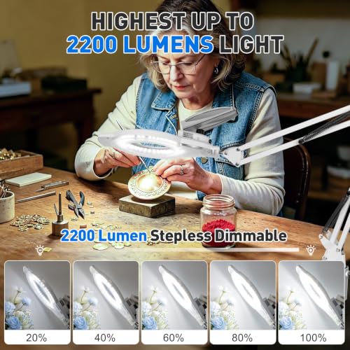 KIRKAS LED Magnifying Lamp with Clamp, 2,200 Lumens Dimmable 28in 12X | Magnifying Glass with Light for Repair Reading Craft Needlework Workbench Magnifier Dust Cover Adjust Swivel Arm - color: White 28in