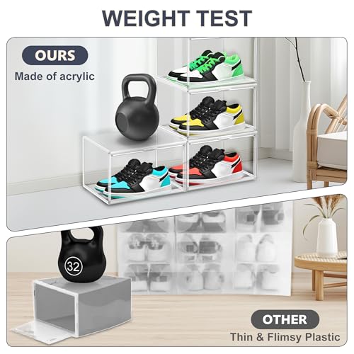 5 Pack Clear Plastic Shoe Boxes with Acrylic Magnetic Door, Size 12 | Stackable Shoe Storage Organizer for Closet, Fit Size 12 Everyday Casual Shoes, Sneakers