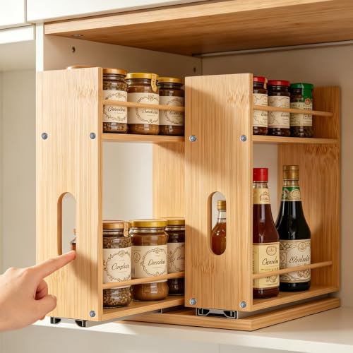 Bamboo Spice Rack Organizer for Cabinet, Pull Out Seasoning Rack Kitchen Spice Organizer, Sliding Spicy Shelf Pantry Countertop Vertical Organization, 2 Drawers, 2-Tier - size: 6" Wide, 2 Drawers(1.85" Wide), 2-Tier