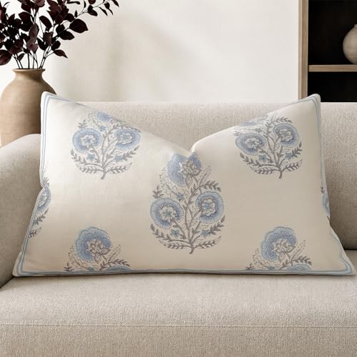 Vintage Floral 12x20 Lumbar Pillow Cover Pack of 1, Double-Sided Botanical Print Decorative Throw Pillow Cover Farmhouse Neutral Cushion Cover for Sofa Couch Living Bed Room, Light Blue(Cover Only) - color: Light Blue, size: 20" x 12" (Pack of 1)