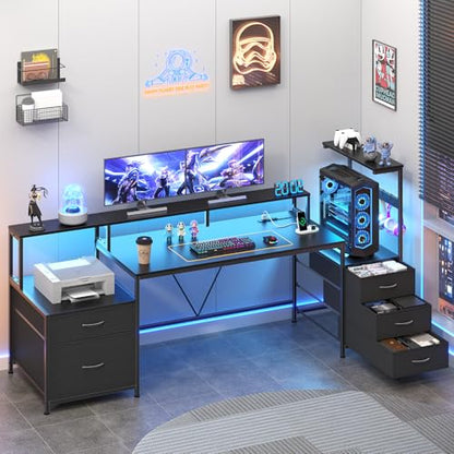 63" Gaming Desk with Drawers, Storage Shelves and Printer Stand | Balck Computer Desk with Monitor Stand and LED Lights, Reversible Home Office Desk with Printer Shelf - color: Black