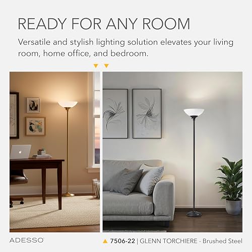 Adesso Dual-Socket Floor Lamp, Brushed Steel & White, 3-Way, 71” - color: Brushed Steel