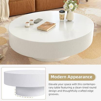 31.5" White Round Coffee Table with 6.8" Thick Tabletop & Sturdy Base, Modern Drum Center Table Circle Accent Side Table for Living Room, Minimalist Fluted Design, White - color: 31.5" Round Style 1, White
