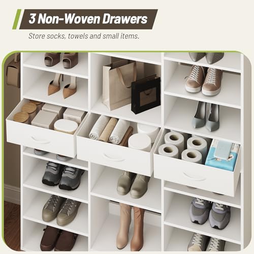Tall Shoe Rack, 9 Tiers Large Shoe Cabinet with Fabric Drawers, Holds up to 44 Pairs, Modern Entryway Shoe Shelves Organizer with 21 Open Cubbies, Wooden Shoe Rack for Closet, Hallway, White