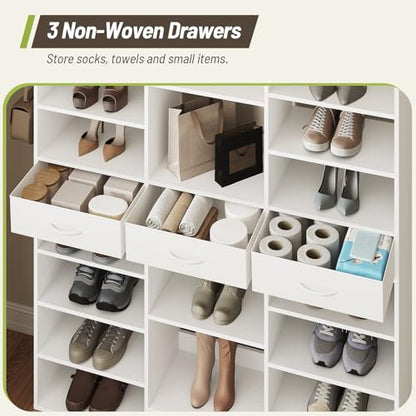 Tall Shoe Rack, 9 Tiers Large Shoe Cabinet with Fabric Drawers, Holds up to 44 Pairs, Modern Entryway Shoe Shelves Organizer with 21 Open Cubbies, Wooden Shoe Rack for Closet, Hallway, White