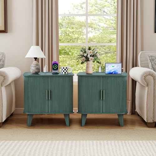 24" Large Fluted End Table with Charging Station, Farmhouse Sofa Side Table with Sliding Tambour Door & Storage, Curved Rustic Wood Nightstand for Living Room, Bedroom, Green - color: Green
