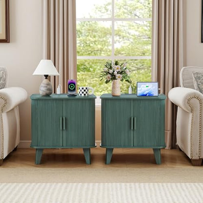 24" Large Fluted End Table with Charging Station, Farmhouse Sofa Side Table with Sliding Tambour Door & Storage, Curved Rustic Wood Nightstand for Living Room, Bedroom, Green - color: Green