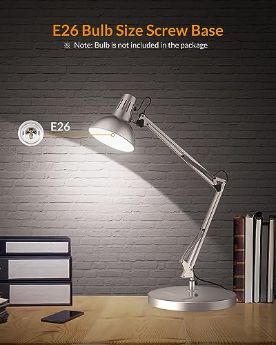 LEPOWER Metal Adjustable Desk Lamp with Clamp, Swing Arm for Home Office | Gooseneck, Architect Style, Eye-Caring Table Lamp, On/Off Switch, E26 Base, Reading for Dorm, Bedroom, Study, Back to School - color: Silver