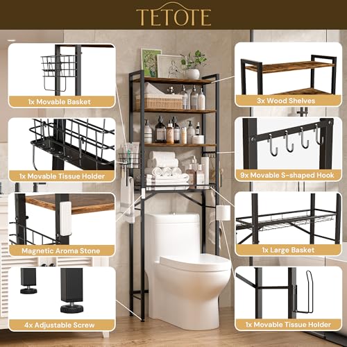 Over-The-Toilet Storage Rack, 4-Tier Bathroom Organizer Shelf Over Toilet with Adjustable Shelf and Basket, Freestanding Space Saver Bathroom Shelves Above Toilet for Room(Brown) - color: Brown