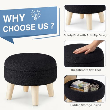 DUMOS Round Storage Ottoman with Reversible Tray Lid, Multi-Functional Footrest, Teddy Velvet Footstool with Wood Legs, Small Coffee Table for Living Room, Bedroom, Ink - color: Ink