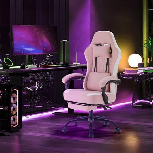 Sweetcrispy Video Game Chair, Ergonomic Computer Desk Chair, Lumbar Support | Footrest, Height Adjustable, Linkage Armrests, Headrest, High Back, 360° Wheels, Pink - color: Pink