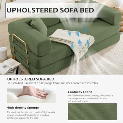 HANXIN 78 Inch Convertible Sleeper Sofa Bed, Folding Floor Mattress Couch with Fixed-Shape Frame, Futon Boneless Couch Lounge Loveseat with Pull Out Bed, No Assembly Required (Green) - color: Green, size: 78" Loveseat Sofa Bed