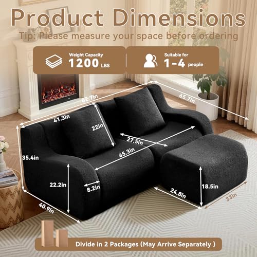 81.7” Sectional Boneless Sofa Couches, 2 Seater L-Shaped, Streamlined Design, No Assembly Modular Teddy Fabric Sofa for Living Room, Bedroom, Apartment, Home Office (Black) - color: Black02, size: 2Seat+1Ottoman