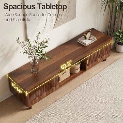FurSch 62.2" Mid-Century Modern Fluted TV Stand, Walnut | Low Profile, 3D Slatted & Waved Design Panel, For Living Room Bedroom - color: Walnut