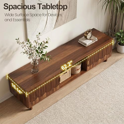 FurSch 62.2" Mid-Century Modern Fluted TV Stand, Walnut | Low Profile, 3D Slatted & Waved Design Panel, For Living Room Bedroom - color: Walnut