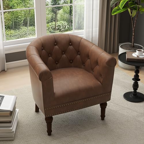 PU Leather Barrel Accent Chair, Modern Upholstered Club Chair, Brown | Comfy Living Room Chair, Nailed Trim Barrel Arm Chair Bedroom Reading Seat | 27"D x 30"W x 30"H - color: Tan