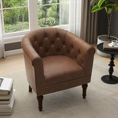PU Leather Barrel Accent Chair, Modern Upholstered Club Chair, Brown | Comfy Living Room Chair, Nailed Trim Barrel Arm Chair Bedroom Reading Seat | 27"D x 30"W x 30"H - color: Tan