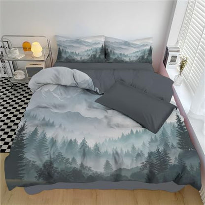 Duvet Cover,Microfiber Reversible Mist-shrouded tranquil forest California King Duvet Cover Set with Zipper Closure,3 Pieces Soft & Breathable Snow Mountain Range Bedding Set with 2 Pillow Shams - size: California King（104 x 98 in）