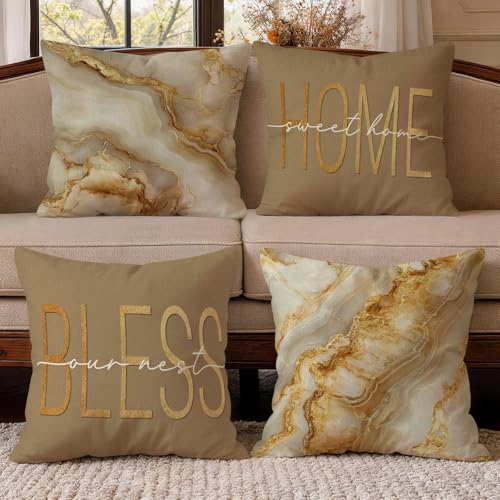 OBSEDE Gold Marble Home Bless Decorative Throw Pillow Covers 18x18 Set of 4 | Cozy Couch Cushion Cases, Abstract Farmhouse Style, Invisible Zipper, Single-Sided, Sofa Bed Living Room Housewarming Gift - color: Inspirational Beige Marble, size: 18" x 18" (