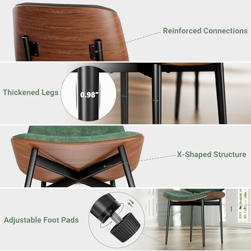 YaFiti Mid Century Dining Chairs Set of 2 with Walnut Bentwood, Green | Ergonomic Walnut Backrest, Upholstered Waterproof PU Leather Seat, Stable Metal Legs, Adjustable Footpads, Apartment Friendly - color: Green Scallop