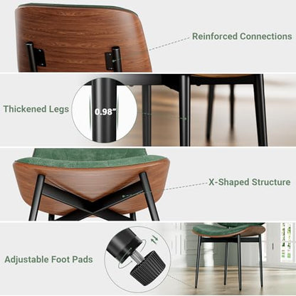 YaFiti Mid Century Dining Chairs Set of 2 with Walnut Bentwood, Green | Ergonomic Walnut Backrest, Upholstered Waterproof PU Leather Seat, Stable Metal Legs, Adjustable Footpads, Apartment Friendly - color: Green Scallop