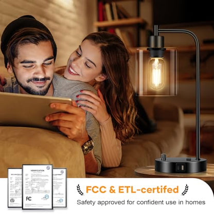 Industrial Table Lamp with USB A+C Ports and Outlet, Fully Stepless Dimmable Modern Nightstand Lamp, Glass Shade Bedside Desk Lamp for Bedroom Living Room Office, 8W 2700K LED Edison Bulb Included.
