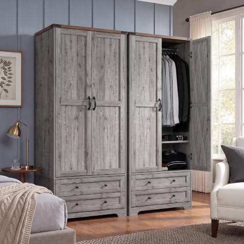 71" Wooden Armoire Wardrobe Closet Set of 2, 4 Doors & 4 Drawers | Modern Tall Storage Cabinet with 2 Adjustable Shelves and Hanging Rail, Sturdy Freestanding, Wide Drawers, For Bedroom - color: Grey, size: 71" - 4 DOORS