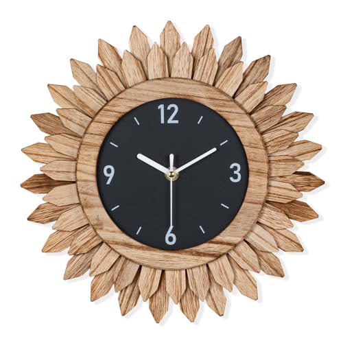 Wall Clock Battery Operated 12 in Rustic Wood Boho Sunburst Decorative Wall Clock Silent Non Ticking Farmhouse Small Wall Clocks for Living Room Kitchen Bathroom Bedroom Decor (Rustic Brown) - color: Rustic Brown, size: 12 Inch