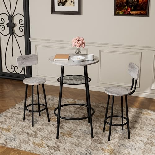 3-Piece Round Bar Table Set with Backrest & Partition, Counter Height Small Dining Table for 2, Includes 2 Foldable Stools, Sturdy MDF & Steel Frame for Kitchen/Dining Room (Grey) - color: Grey