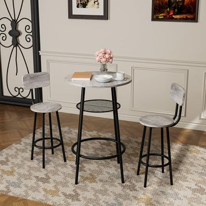 3-Piece Round Bar Table Set with Backrest & Partition, Counter Height Small Dining Table for 2, Includes 2 Foldable Stools, Sturdy MDF & Steel Frame for Kitchen/Dining Room (Grey) - color: Grey