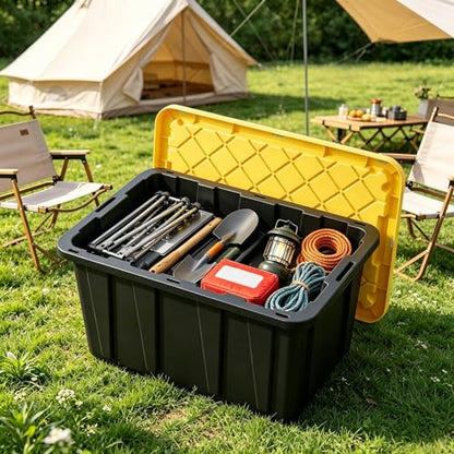4 Pack 17 Gallon Stackable Lockable Storage Bins with Lids, Black & Yellow | Thickened durable plastic, nestable empty design, built-in ergonomic handles, multi-scene indoor outdoor storage use