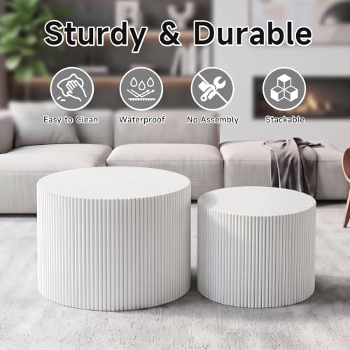 Nesting Round Coffee Table Set of 2 White No Assembly | Nesting Drum Tables, Modern End Table with Vertical Fluted Design Coffee Tables for Living Room, Office, Bedroom - color: White