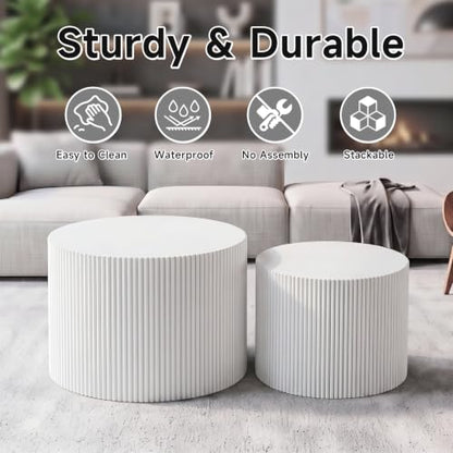 Nesting Round Coffee Table Set of 2 White No Assembly | Nesting Drum Tables, Modern End Table with Vertical Fluted Design Coffee Tables for Living Room, Office, Bedroom - color: White
