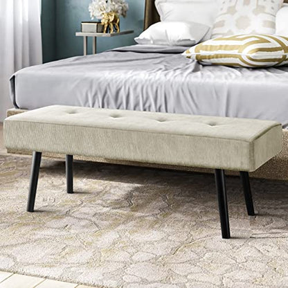 Comfy to go Entryway Bench - Beige Bench for Bedroom, Modern Ottoman End of Bed, Corduroy Padded Benches for Living Room, Foyer, Mudroom, Hallway - 39" L x 14" W x 17" H | Padded Benches for Bedroom, Living Room, Foyer, Mudroom, Hallway, Window, Reading,