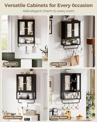 BEWISHOME Bathroom Medicine Cabinet Mirror with Towel Bar, Black | Wall Mounted Cabinet with Adjustable Shelf Hooks, Space-Saving Over-Toilet for Bathroom, Living Room, 7.1x15.4x24.4 Inches - color: Black