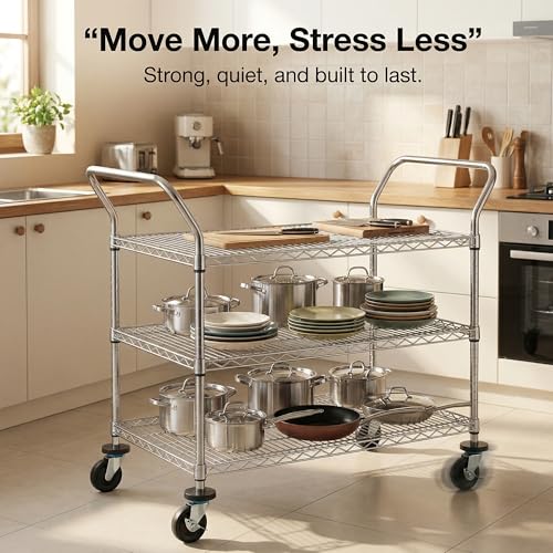 Finnhomy 3-Tier Commercial Grade Rolling Cart, Heavy Duty Utility Cart with Wheels and Handles, Metal Kitchen Carts on Wheels with 600 lbs Capacity, Shelf Size 24" D x 40" W, NSF - size: 24"D x 46.8"W x 39.7"H