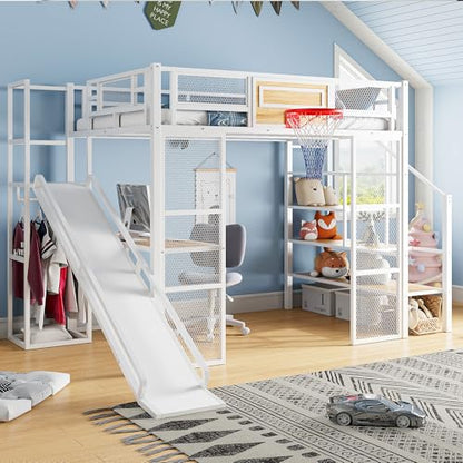 LUMISOL Full Size Loft Bed with Desk and Stairs, Heavy Duty Metal Loft Bed Frame with Storage Shelves and Basketball Hoop, Noise Free, No Box Spring Needed, White - color: White, size: Full with Slide