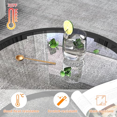 Round Coffee Table,Small Black Coffee Table for Living Room,27" Modern Center Table,Glass Top Clear Coffee Table with Sturdy Metal Frame for for Living Room Home Office, Easy Assembly,Black - color: Black, style: Round