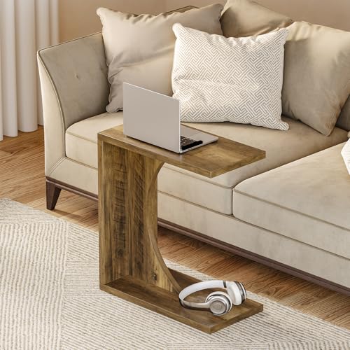 LITTLE TREE C Shaped End Table for Sofa & Bedroom - Small Side Table for Living Room, Over Couch Tray Stand for Laptop, Snacks, Books, Brown, 1 Pack - color: Brown