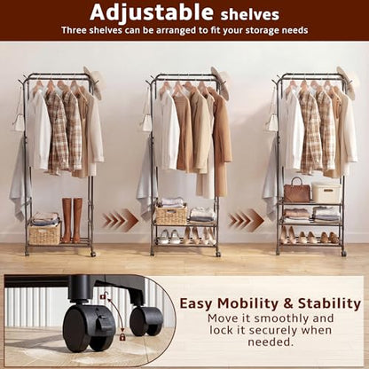 Double Rod Rolling Metal Clothes Rack | Freestanding Garment Organizer With Wheels, Hooks & Shelves, Multi-Functional Storage For Shoes, Clothes & Bags, Ideal For Bedroom Laundry Living Room