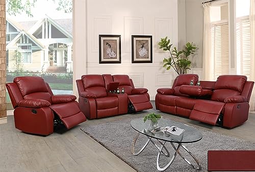 A Ainehome Living Room Furniture Set Leather Recliner Sofa Set Loveseat Chair Furniture Sofa Set for Living Room/Small Space/Rv/House/Office/Theater Seating (A-Red Leather, 3 Piece Set) - color: A-red Leather, size: 3 piece set